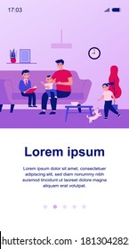 Single father playing games with kids at home. Happy young man and group of children having fun in living room together. Vector illustration for dad, family, parenthood concept