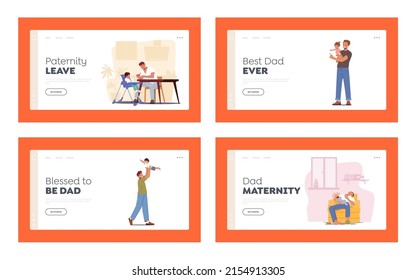 Single Father Raising Child Landing Page Template Set. Dad Feed Son, Play with Toddler, Tired Dad Sleep. Happy Family Sparetime of Kids and Daddy on Maternity Leave. Cartoon People Vector Illustration