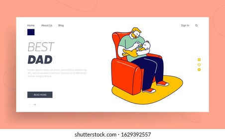 Single Father Raising Child Website Landing Page. Dad Feed Son with Bottle Holding Baby on Hands. Happy Family of Little Boy with Daddy Web Page Banner. Cartoon Flat Vector Illustration, Line Art