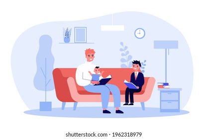 Single father reading book to children. Man with baby and son on sofa, adult and child holding books flat vector illustration. Family, leisure concept for banner, website design or landing web page