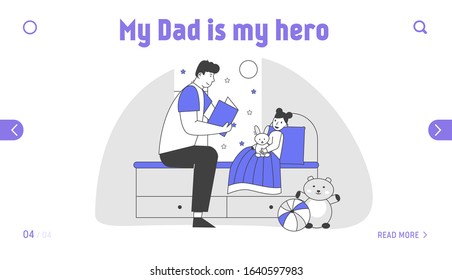 Single Father Reading Book to Little Daughter Lying in Bed Website Landing Page. Happy Family Parent with Kid Spending Time at Home Together Web Page Banner. Cartoon Flat Vector Illustration, Line Art