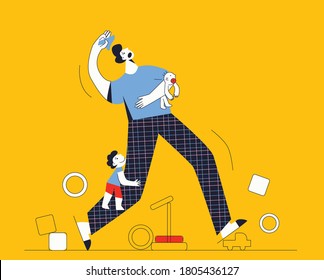 Single father in a room with his children. Tired dad feels exhausted with two kids. Difficult and frustrated parenting. Flat vector cartoon illustration isolated on yellow 