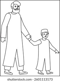 Single father and son cartoon in black white Vector Coloring Page For Kids And Adults.