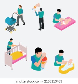 Single Father Takes Care Of Baby Isometric 3d Vector Illustration Concept For Banner, Website, Illustration, Landing Page, Flyer, Etc.