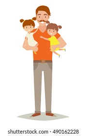Single father with two young daughters. Happy young family: little sisters and father holding baby in arms. Cartoon character twins.Flat style vector illustration isolated on white background