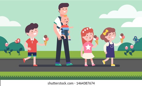 Single Father Walking With Many Kids, Daughter & Sons Kids In Summer Park. Happy Children & Parent Cartoon Characters. Man Carry Little Baby Boy. Big Family Enjoying Outdoor. Flat Vector Illustration