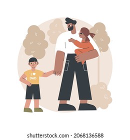 Single fathers abstract concept vector illustration. Single-parent family, fatherhood, happy kid, son and doughter, man feeding carrying baby, help in study, good dad abstract metaphor.