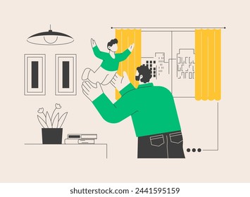 Single fathers abstract concept vector illustration. Single-parent family, fatherhood, happy kid, son and doughter, man feeding carrying baby, help in study, good dad abstract metaphor.