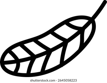 A single feather with bold outline and striped pattern in a clean drawing style. The image depicts a simplistic feather design with alternating segments. Cartoon vector illustration.