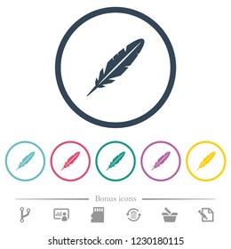 Single feather flat color icons in round outlines. 6 bonus icons included.