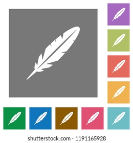 Single feather flat icons on simple color square backgrounds