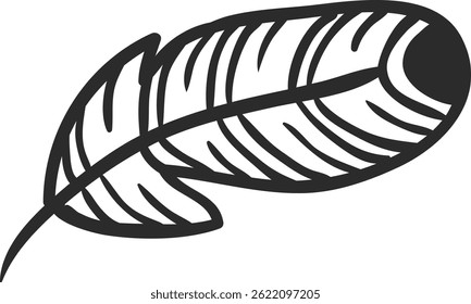 Enkelvoudige veer met lijnen en een vlek op de punt, handgetekende vectorillustratie in zwart-wit, minimalistisch ontwerpelement voor verschillende projecten