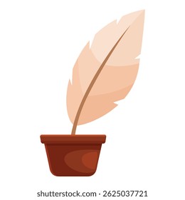 Single feather pen standing upright in a terracotta flower pot, symbolizing creativity and the art of writing