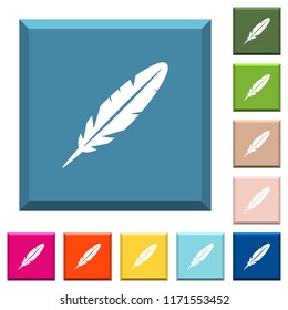 Single feather white icons on edged square buttons in various trendy colors