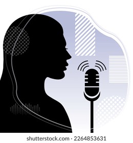 Single female with microphone silhouette icon vector illustration