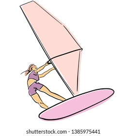 Single female windsurfer on windsurf board. Vector flat illustration. Colorful drawing. Isolated black contour and colors.