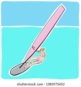 Single female windsurfer on windsurf board. Vector flat illustration. Colorful drawing. Isolated black contour and colors.