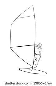 Single female windsurfer on windsurf board. Abstract isolated contour. Hand drawn outlines. Black line drawing. Windsurfing illustration. Vector silhouette.