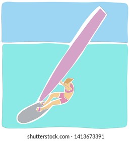 Single female windsurfer on windsurf board. Applique or paper cut style. Colorful vector illustration.