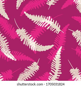 Single fern leaves vector seamless pattern background. Forest plant frond backdrop. Hand drawn white and hot pink overlay botanical foliage design. All over print for fabric, print, soft furnishing