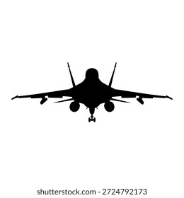 Silueta de un solo avión de combate vista desde el frente durante la aproximación o el aterrizaje para temas de aviación militar, adecuada para imágenes de defensa, presentaciones, carteles y gráficos estratégicos.