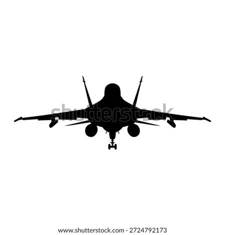 Single fighter jet silhouette seen from front view during approach or landing for military aviation themes, suitable for defense visuals, presentations, posters, and strategic graphics.
