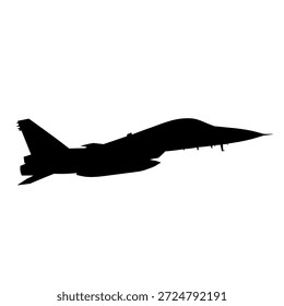 Silueta de un solo avión de combate en posición de vuelo de vista lateral para temas militares y de aviación, perfecta para logotipos, carteles, infografías, presentaciones y Diseños gráficos relacionados con la defensa.