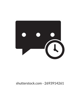 Ein einzelnes ausgefülltes minimalistisches Symbol, das eine Chat-Blase mit einer Uhr verbindet, die den Nachrichtenverlauf, die Zeitverfolgung oder einen ausstehenden Status darstellt.