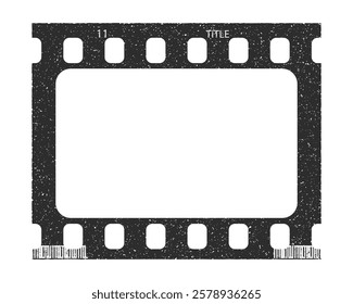 Single film strip frame template with empty slot, vintage cinema reel with grunge grainy texture. Modern retro vector illustration isolated on transparent background