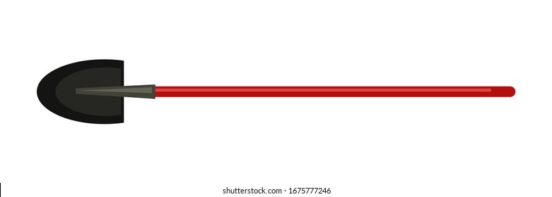 Single fireman shovel. Simple firefighter spade. Horizontal object with steel sharp blade and wooden stick isolated on white. Equipment for dangerous professional job. Vector flat illustration