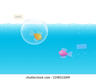 Single Fish In A Goldfish Bowl, Safe And Secure, Looking At A Free Fish Enjoying The Reedom In The Wide Big Blue Ocean. Vector Comic Illustration.
