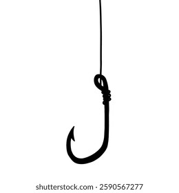 Single Fish Hook with Line Black Silhouette. Fishing Lure Bait. Doodle Vector Illustration