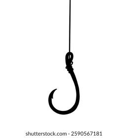 Single Fish Hook with Line Silhouette. Fishing Lure Bait. Doodle Vector Illustration