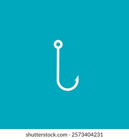 Single Fishing hook.angler.Fish hook icon.  Fishhook, angler, trap, metal sharp needle, fishing equipment concept.Vector illustration isolated on blue backgroud.Simple outline style.