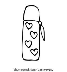 A single flask is decorated with hearts. Vector drawing in Doodle style. Isolated on a white background. Theme of summer design and decor.