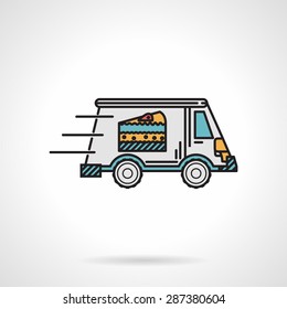 Single flat color design vector icon for dessert delivery van with cake on side in move on white background.