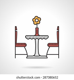 Single flat color design vector icon for table with yellow flower in red vase and two red chairs for cafe interior on white background.