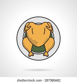 Single flat color design vector icon for roasted chicken on platter on white background.