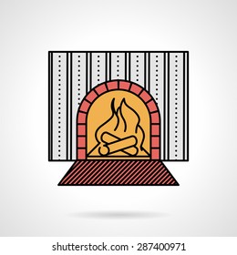 Single flat color design vector icon for fireplace and wall with striped wallpaper for restaurant or home interior on white background.