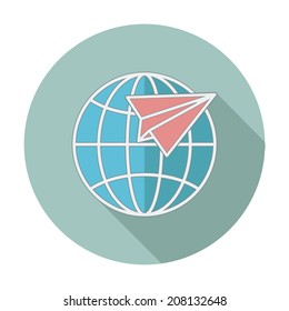 Single flat icon with long shadow. Earth globe and ship. Shipping, delivery and travelling. Vector illustration, easy paste to any background