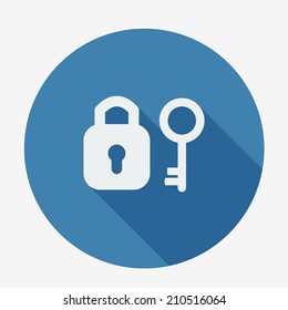 Single flat icon with long shadow. Key and padlock. Button for application. Vector illustration, easy paste to any background