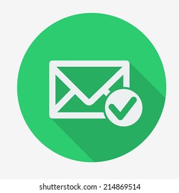 Single flat icon with long shadow for web applications, email icons design. Envelope with accept sign. Vector illustration.