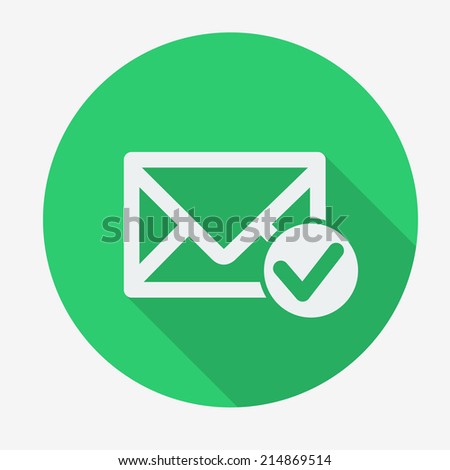 Single flat icon with long shadow for web applications, email icons design. Envelope with accept sign. Vector illustration.