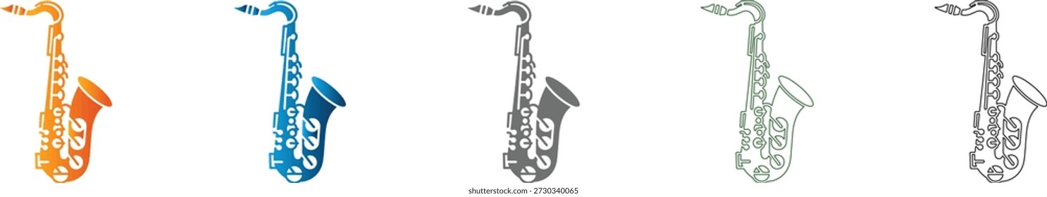 Un solo icono plano que representa un saxofón, parte de un conjunto de iconos unificados. Gráfico de Vector negro sólido, aislado en blanco.