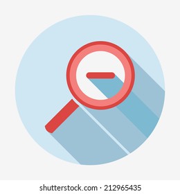 Single flat magnifying glass icon with long shadow. Vector illustration, easy paste to any background. Lupe decrease icon