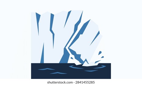 A single flat vector icon of a glacier calving into the ocean, symbolizing climate change, global warming and melting polar ice, isolated on white background.