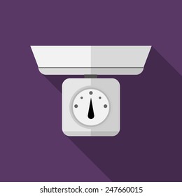 Single flat vector icon for gray mechanical kitchen scales on purple background. Long shadow design.