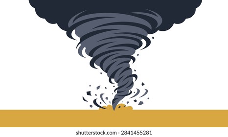 A single flat vector icon of a tornado funnel cloud touching down in a field, representing storm and severe weather natural disaster, isolated on white background.