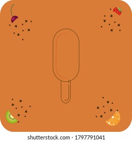 single flavor circular shaped ice cream cone or popsicle with brown lines. background with fruits