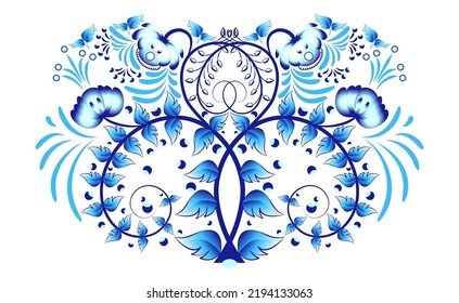 Single floral Element in style classic blue cobalt porcelain painting Bouquet of stylized flowers leaves and curls isolated on white background pattern Oriental motif rustic ceramic Vector illustratio